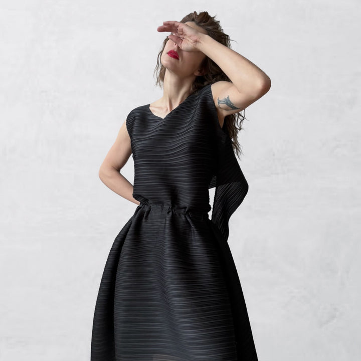 Black multi-wear pleated asymmetric dress