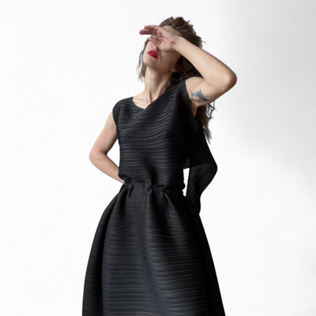 Black multi-wear pleated asymmetric dress