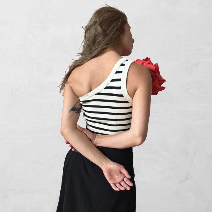 Striped one shoulder crop top with red flower pin