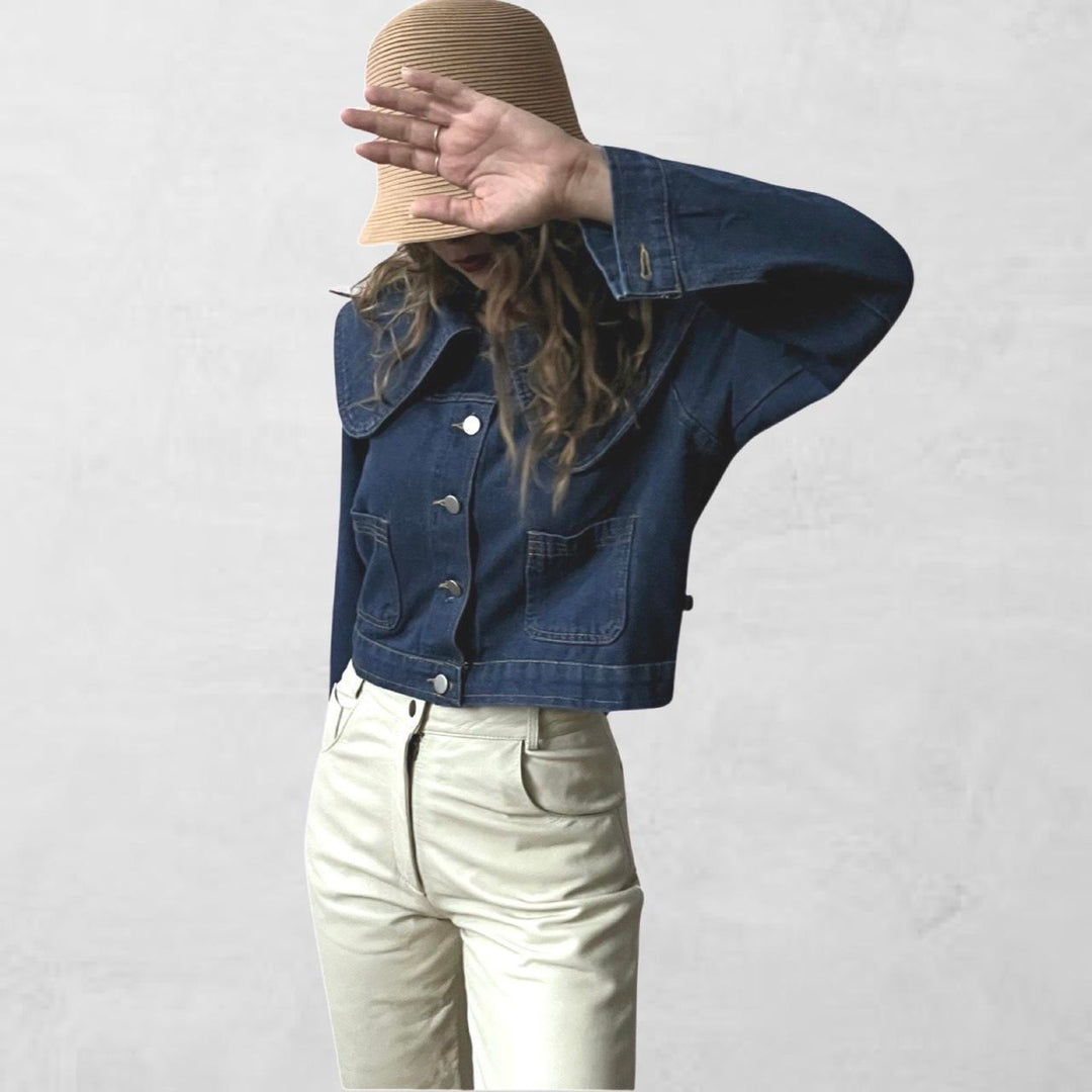 Blue cropped denim jacket with oversize peter pan collar