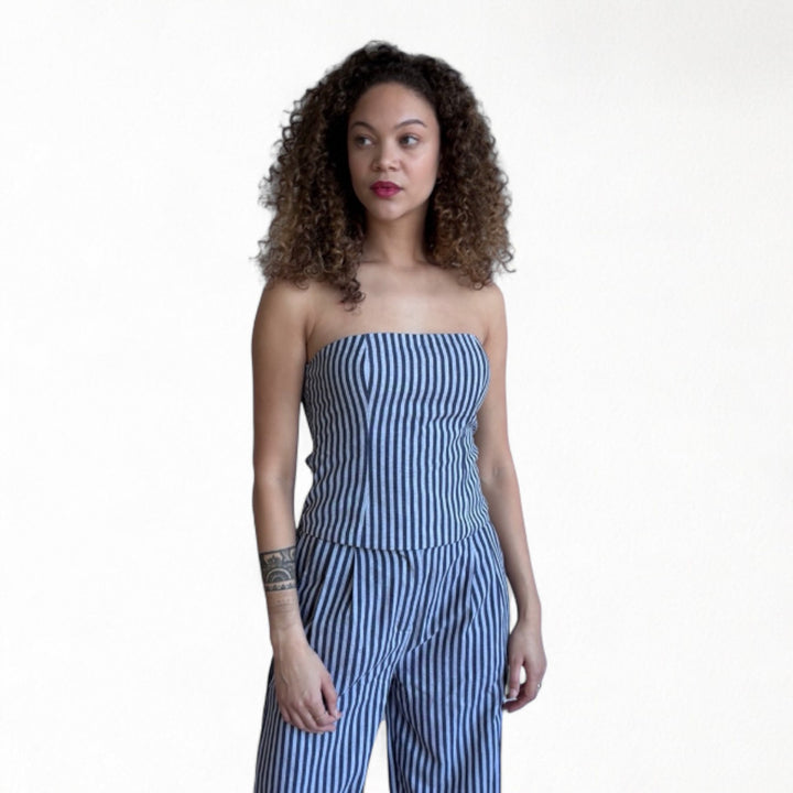 Blue White Striped Wide Leg Trousers