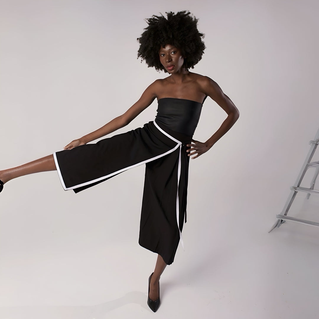 Black Asymmetrical Culottes Trousers With Wrap Detail