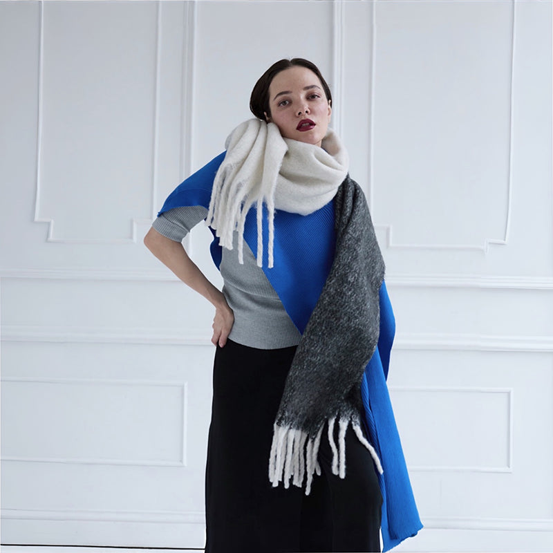 Wool Blend Grey Beige Two Tone Large Shawl