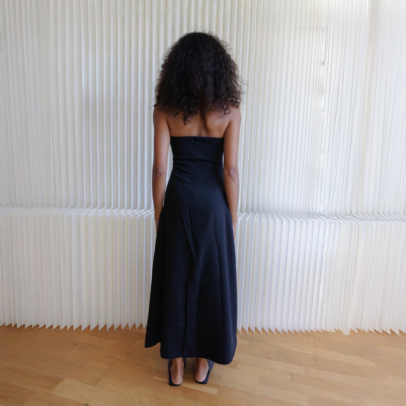 Black Strapless Dress With Asymmetrical Folds And Pearl Detail (Copy)