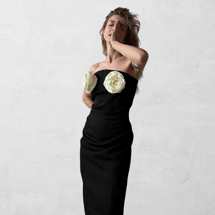 Black strapless dress with white flowers appliqué