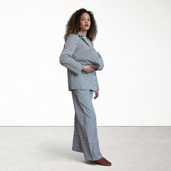 Black White Striped Wide Leg Trousers