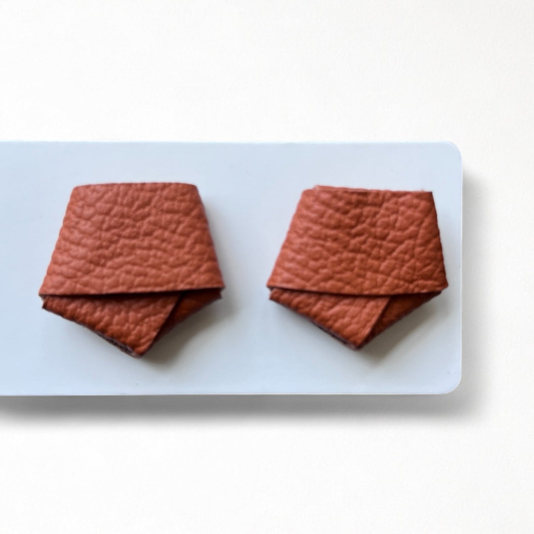 Origami grainy rust brown leather stud earrings