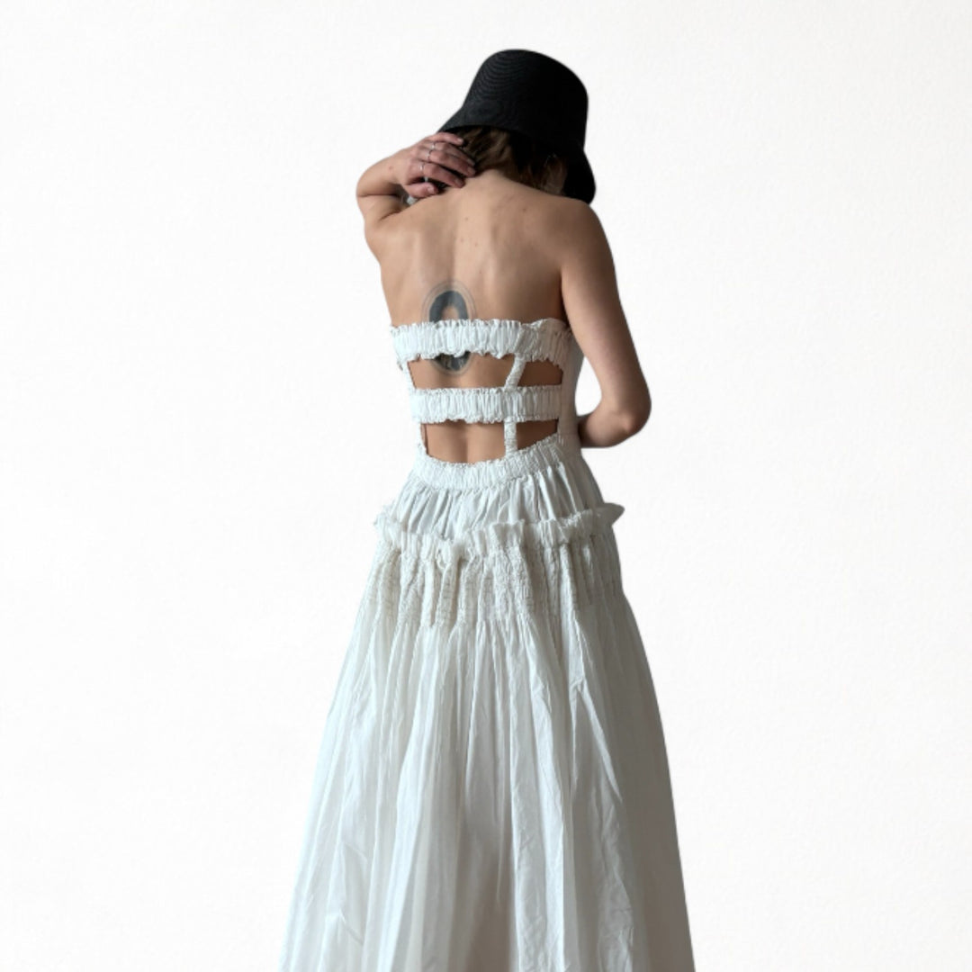 White cotton strapless smocked maxi dress