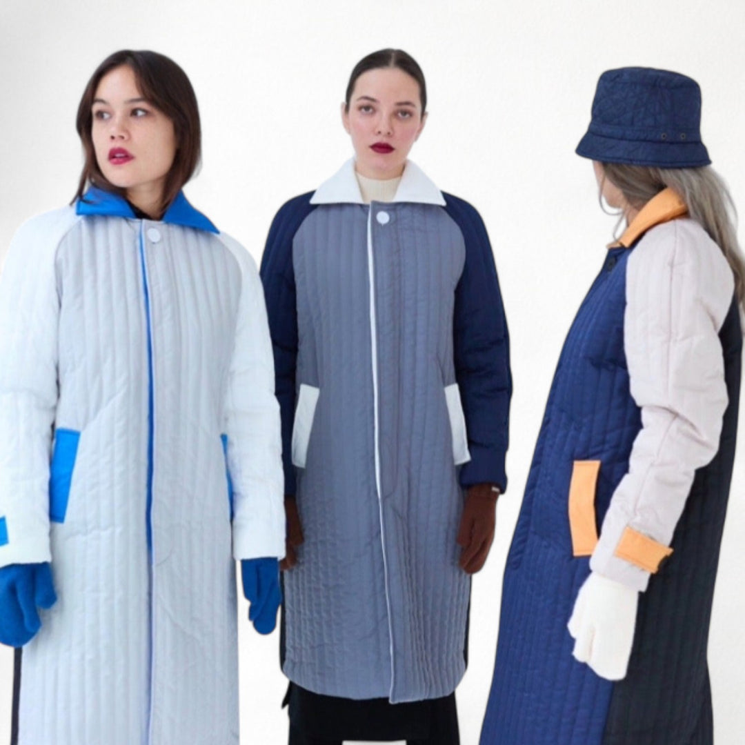 Grey Navy White Patchwork Colour Block Quilt Long Jacket