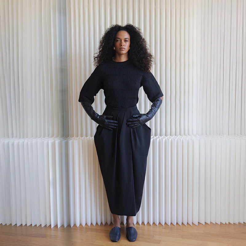 Black Woven Leather Long Gloves