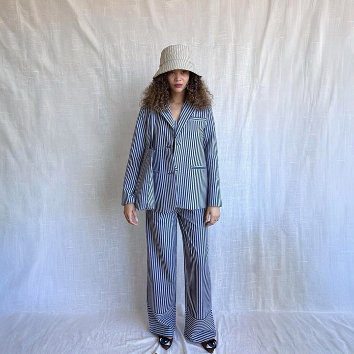 Blue White Striped Blazer Trousers Corset And Tote Bag Four Piece Set