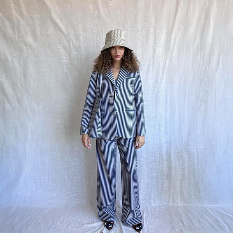 Blue White Striped Blazer Trousers Corset And Tote Bag Four Piece Set