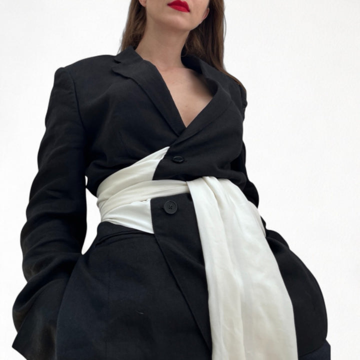 Reworked black blazer with white silk wrap ties