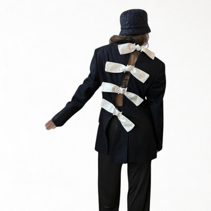 Reworked men blazer with back cut out and white bows