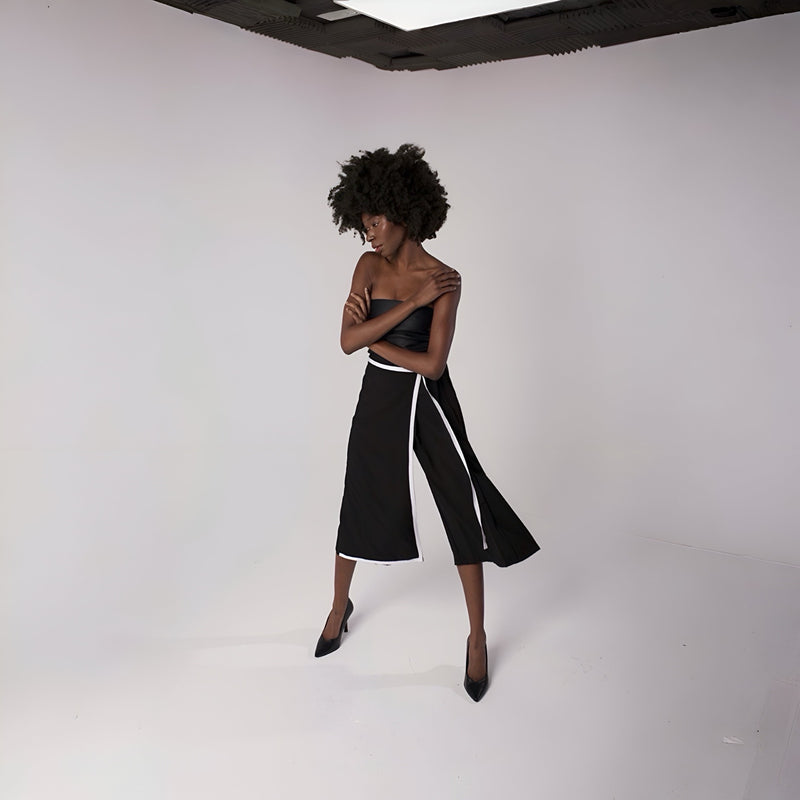Black Asymmetrical Culottes Trousers With Wrap Detail