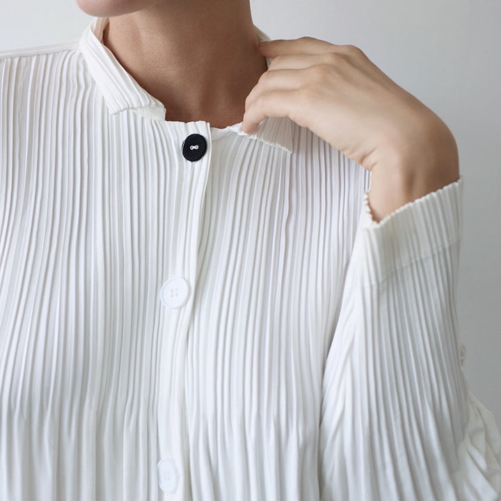 White Accordion Pleated Shirt Dress