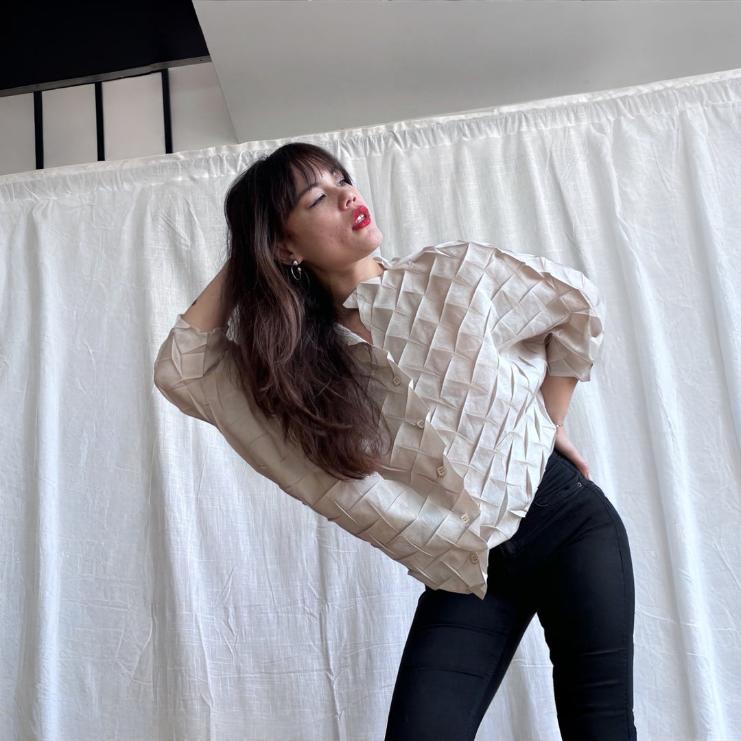 Cream Chevron Pleated Blouse