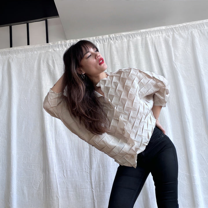 Cream Chevron Pleated Blouse