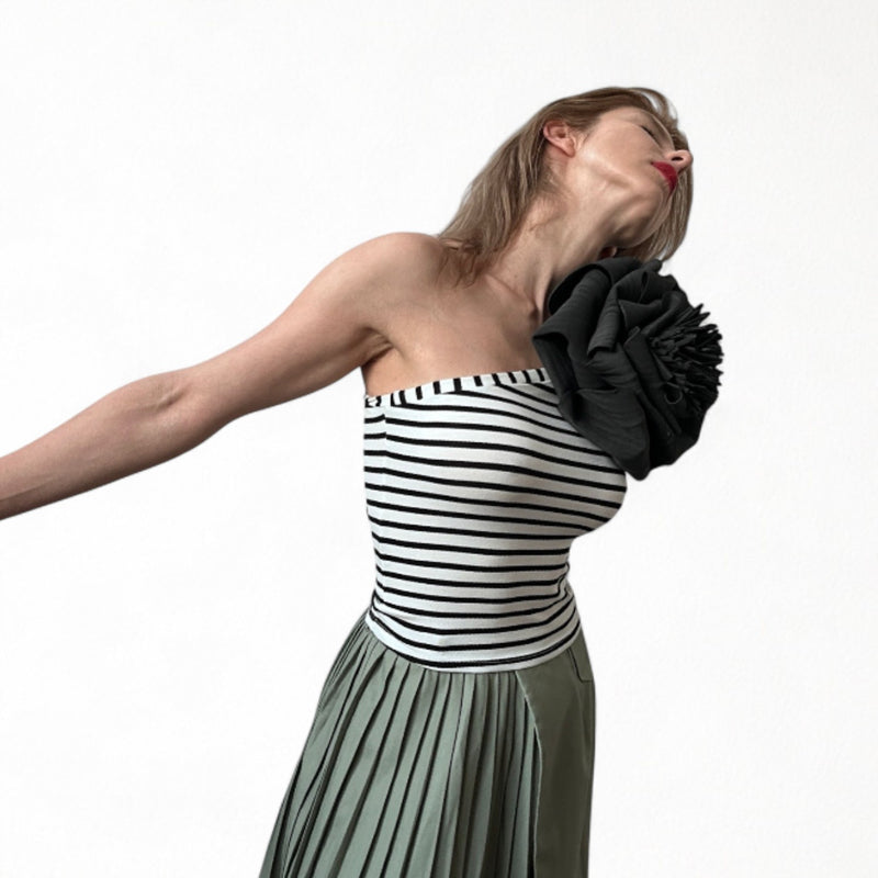 Striped One Sleeve Top With Black Flower Pin