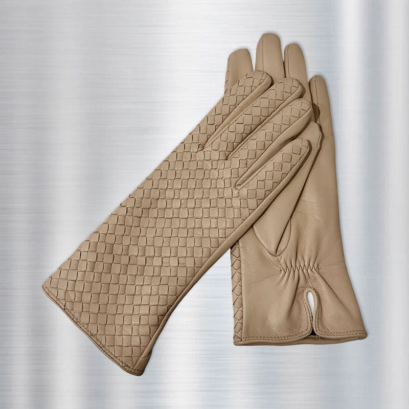 Beige Woven Leather Short Gloves