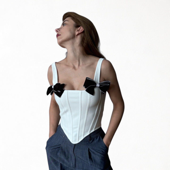 White rib knit corset top with bows