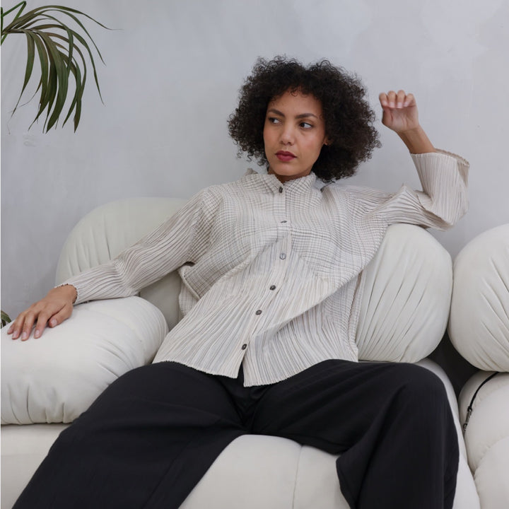 Beige Multi Way Accordion Pleated Shirt