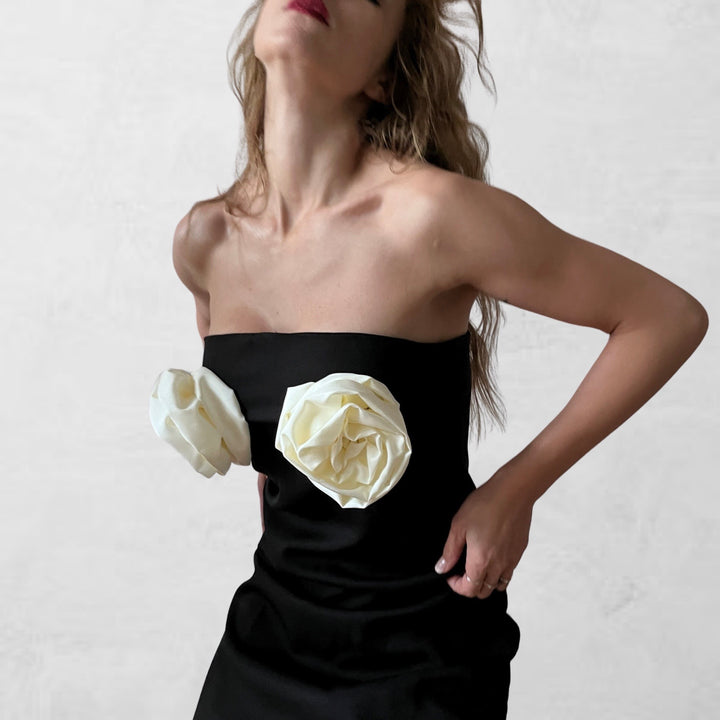 Black strapless dress with white flowers appliqué