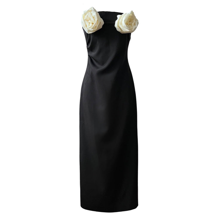 Black strapless dress with white flowers appliqué