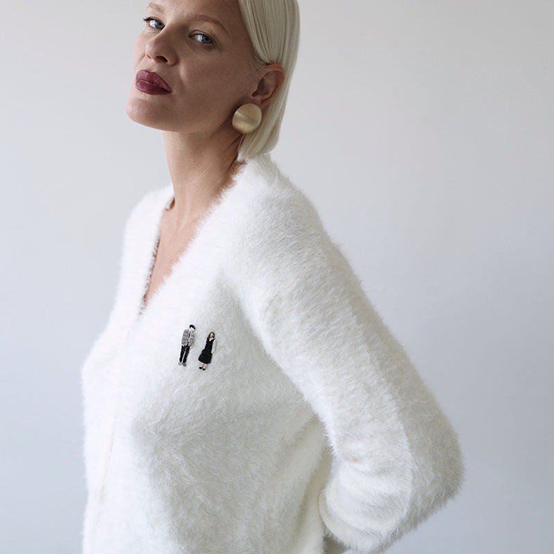 Beige Fuzzy Knit Cardigan With Embroidery Patches
