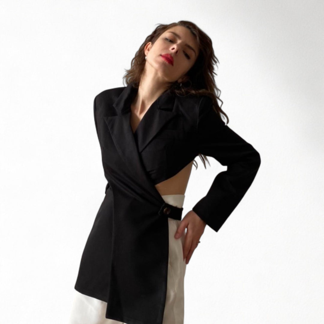 Reworked black blazer with wrap detail and cut out back