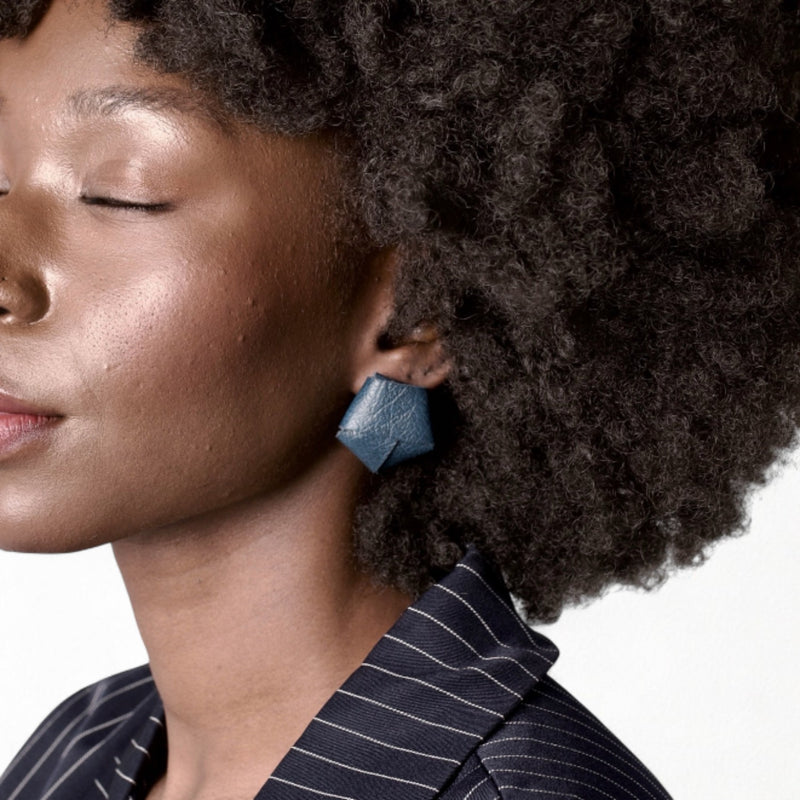 Origami Navy Nappa Leather Stud Earrings