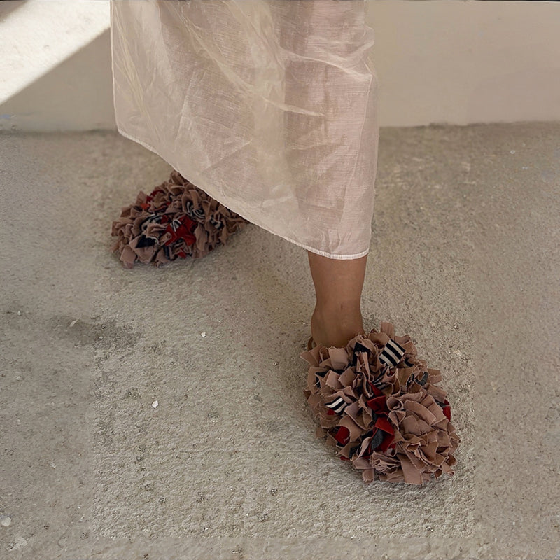 Pom Pom Blush Fabric and Leather Mules Slip On Shoes