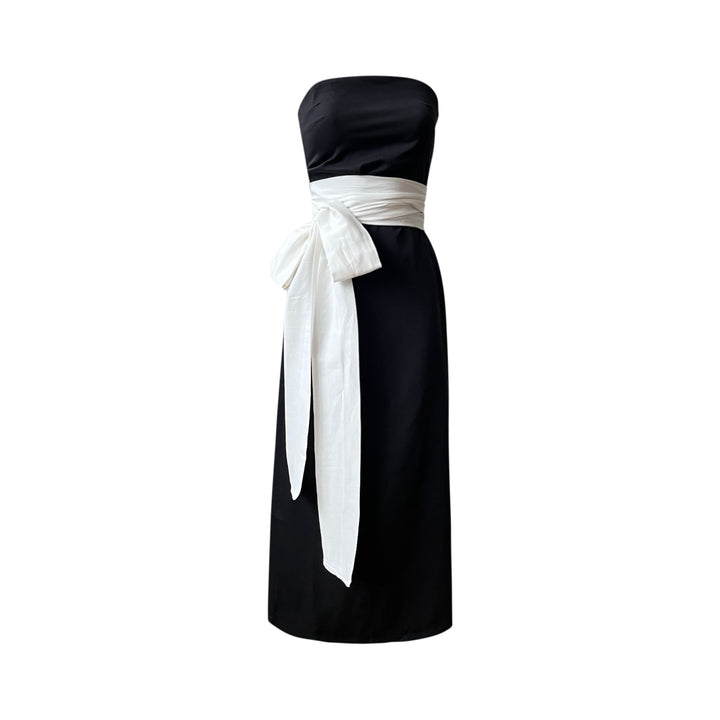 Black strapless dress with white ties