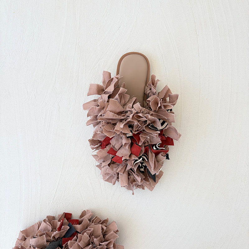 Pom Pom Blush Fabric and Leather Mules Slip On Shoes