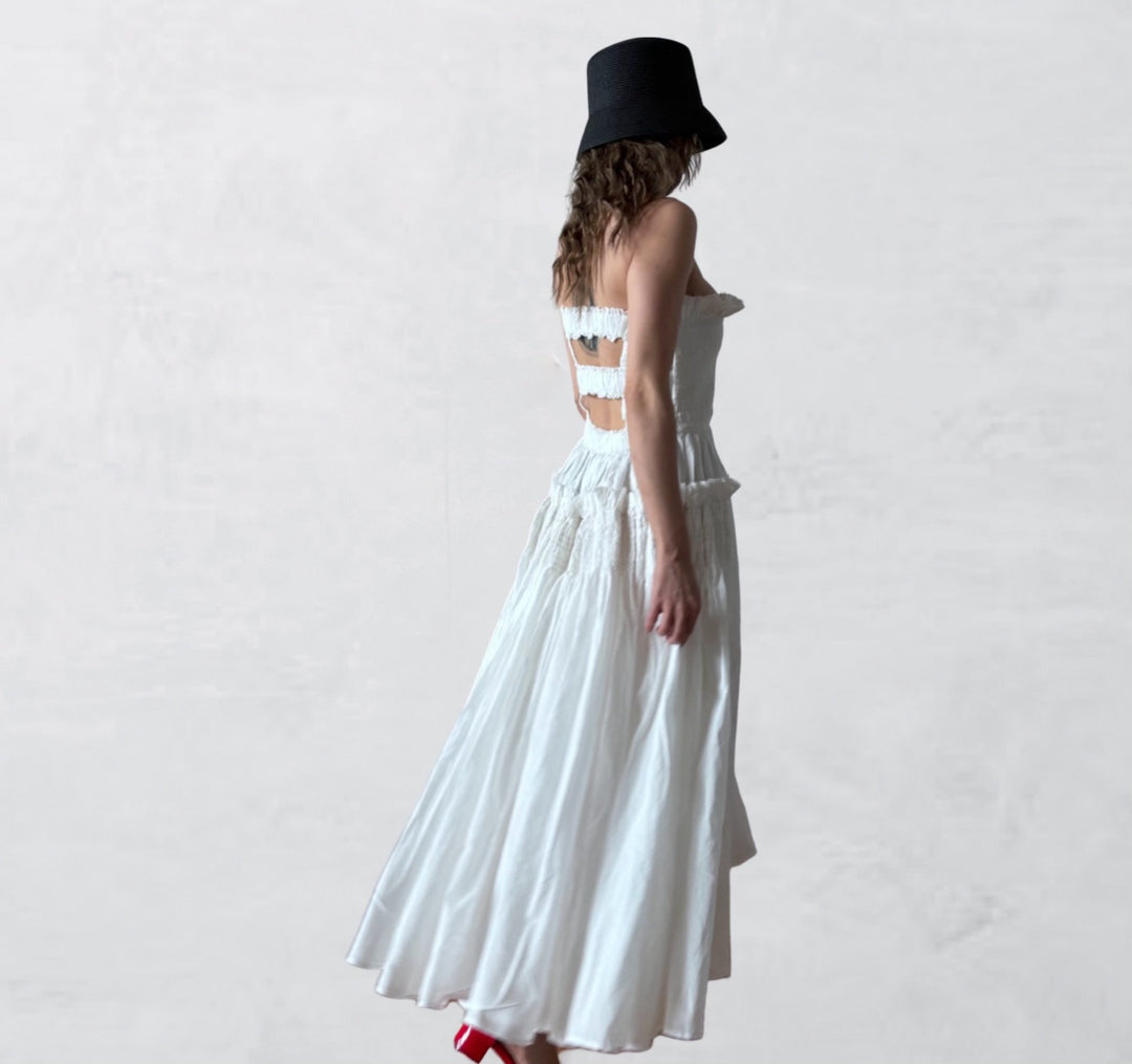 White cotton strapless smocked maxi dress