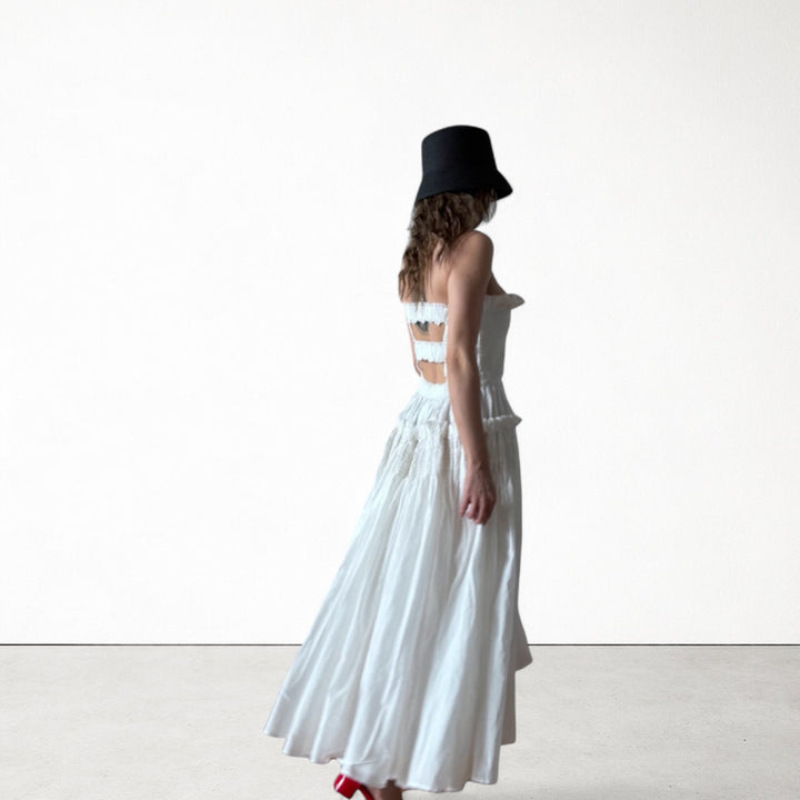 White cotton strapless smocked maxi dress