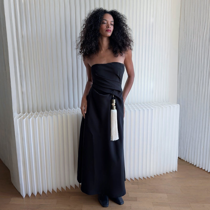 Black Strapless Dress With Asymmetrical Folds And Pearl Detail (Copy)