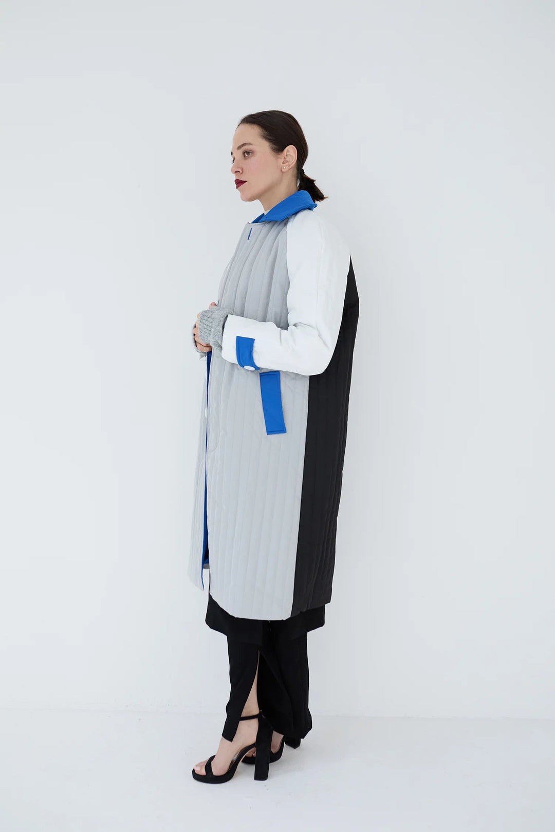 White Grey Blue Patchwork Colour Block Quilt Long Jacket