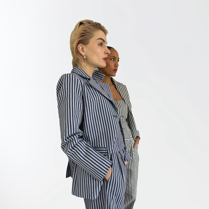 Blue White Striped Blazer Trousers Corset And Tote Bag Four Piece Set