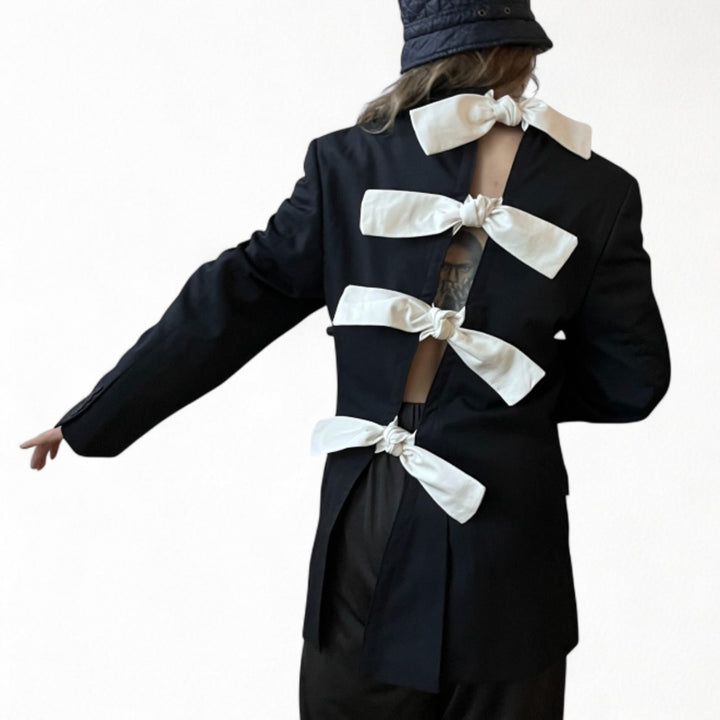 Reworked men blazer with back cut out and white bows