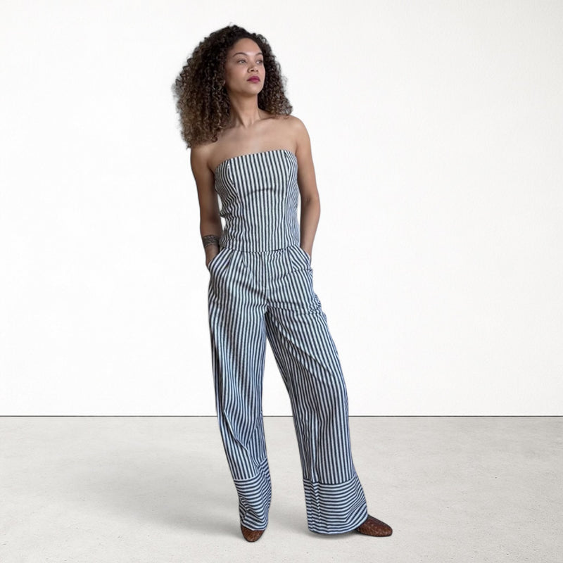 Black White Striped Wide Leg Trousers