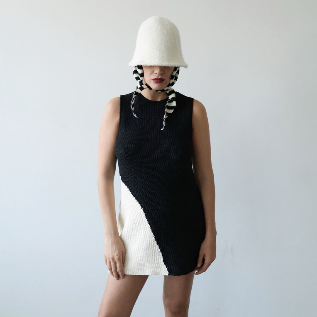 Black and Beige Waffle Knit Short Dress