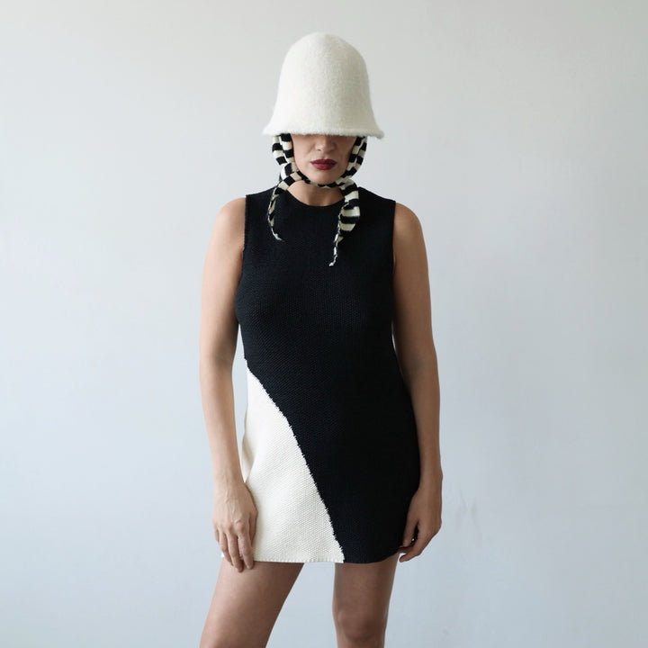 Black and Beige Waffle Knit Short Dress
