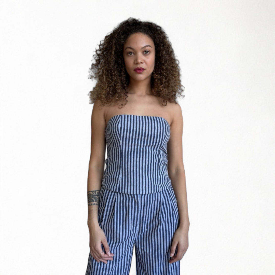 Blue White Striped Strapless Corset