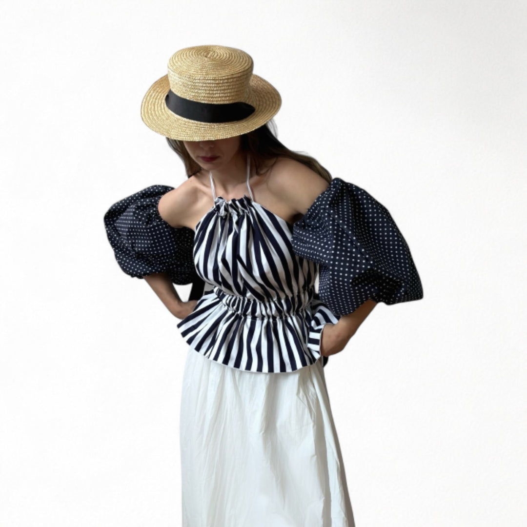Navy white striped halter top with balloon sleeves