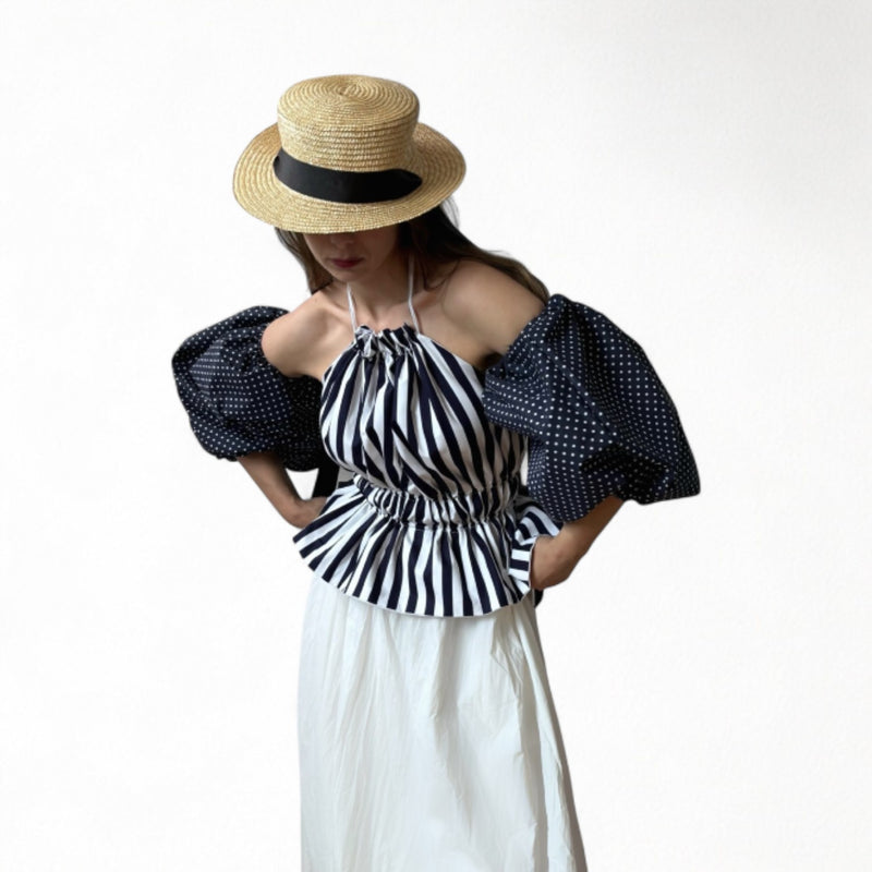 Navy White Striped Halter Top With Balloon Sleeves