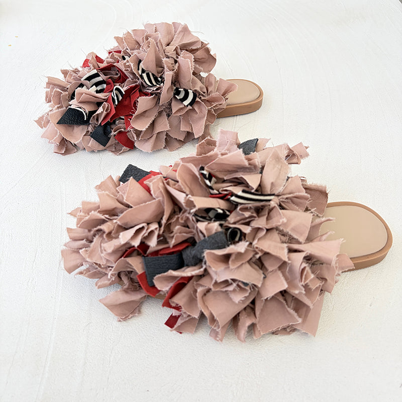 Pom Pom Blush Fabric and Leather Mules Slip On Shoes