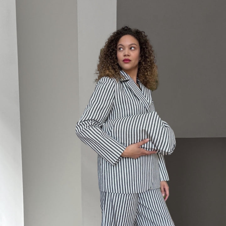 Black White Striped Blazer Trousers Corset And Tote Bag Four Piece Set