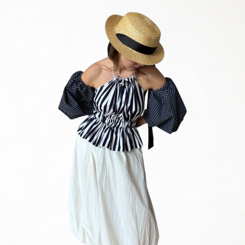 Navy White Striped Halter Top With Balloon Sleeves