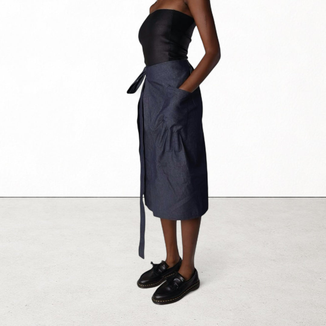 Denim wrap skirt with hand shaped appliqué pocket